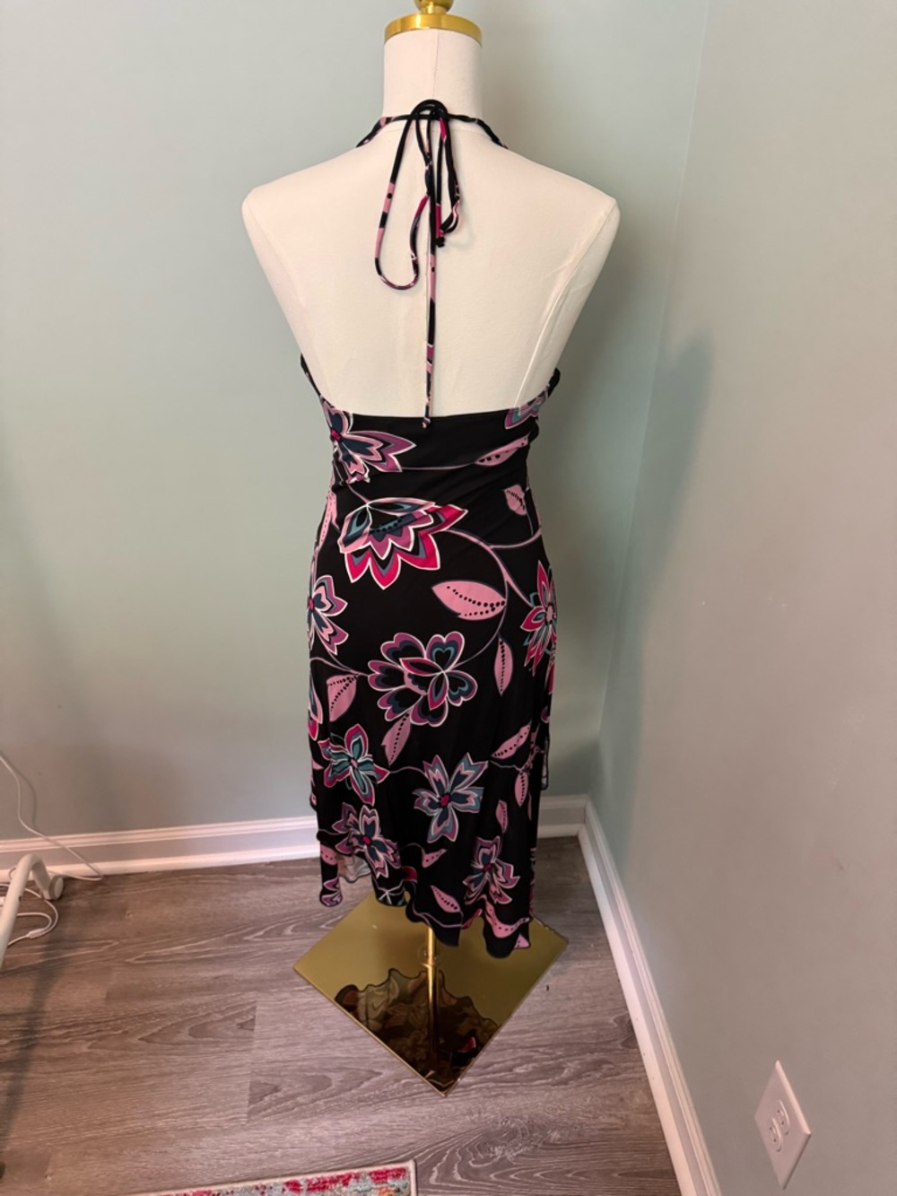 VTG Y2K Bebe Black Floral Halter Midi Dress - Made in USA - Size M - Picture 2 of 3